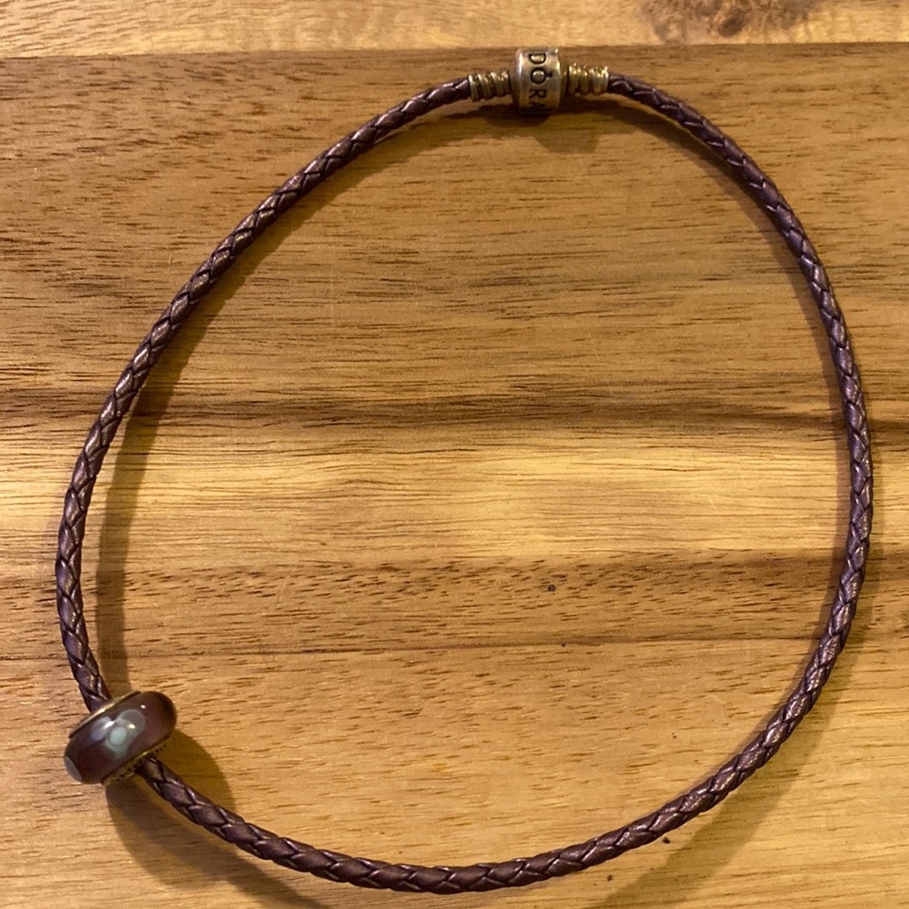 13.5 in Pandora Child’s Choker? Bracelet Braided Leather One Glass Bead Charm